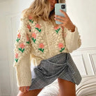 Handmade Crocheted Embroidery Twist Pearl Buckle Knitted Sweater Cardigan Coat