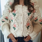 Handmade Crocheted Embroidery Twist Pearl Buckle Knitted Sweater Cardigan Coat