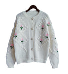 Handmade Crocheted Embroidery Twist Pearl Buckle Knitted Sweater Cardigan Coat