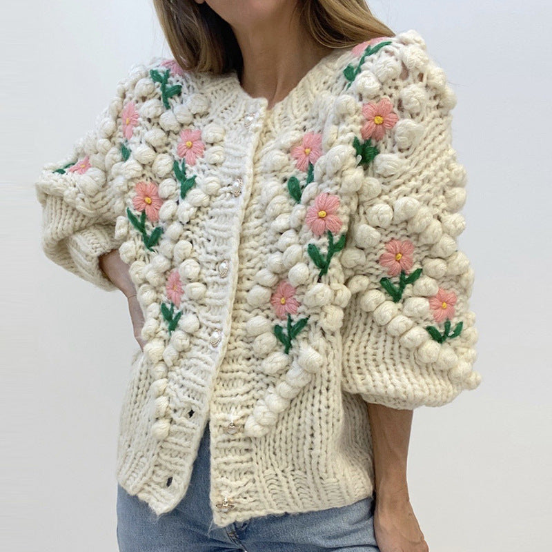 Handmade Crocheted Embroidery Twist Pearl Buckle Knitted Sweater Cardigan Coat