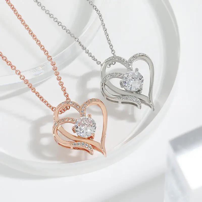 Heart Love Necklace Zircon Double Love: A Rhinestone Heart Clavicle Chain for Women