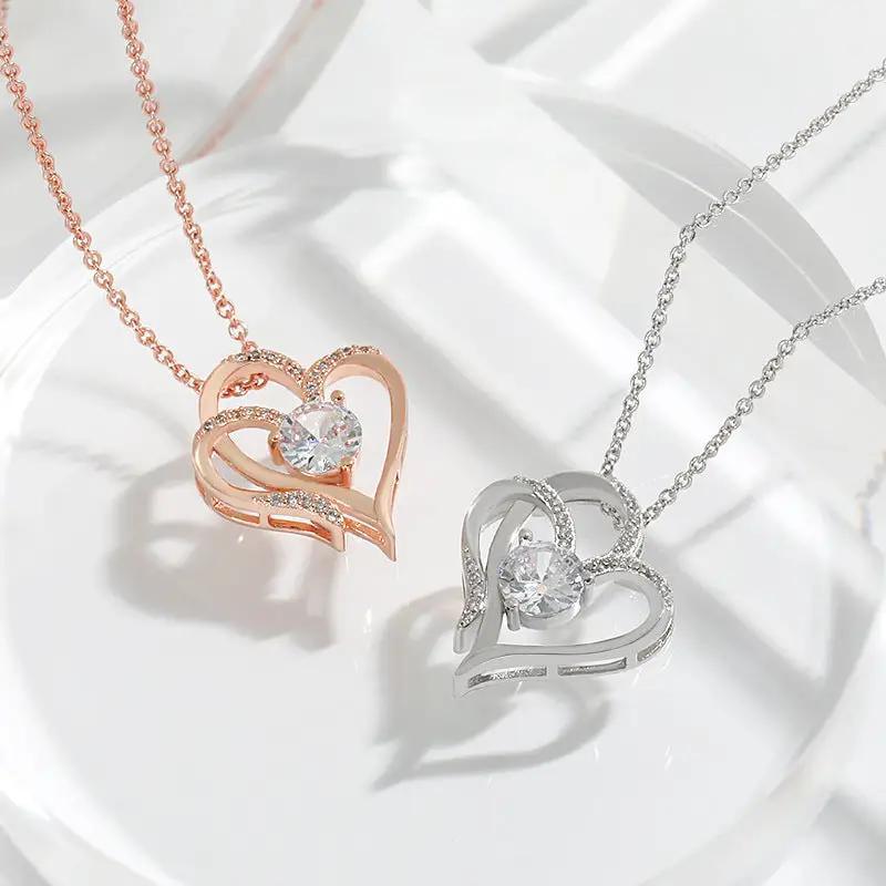 Heart Love Necklace Zircon Double Love: A Rhinestone Heart Clavicle Chain for Women