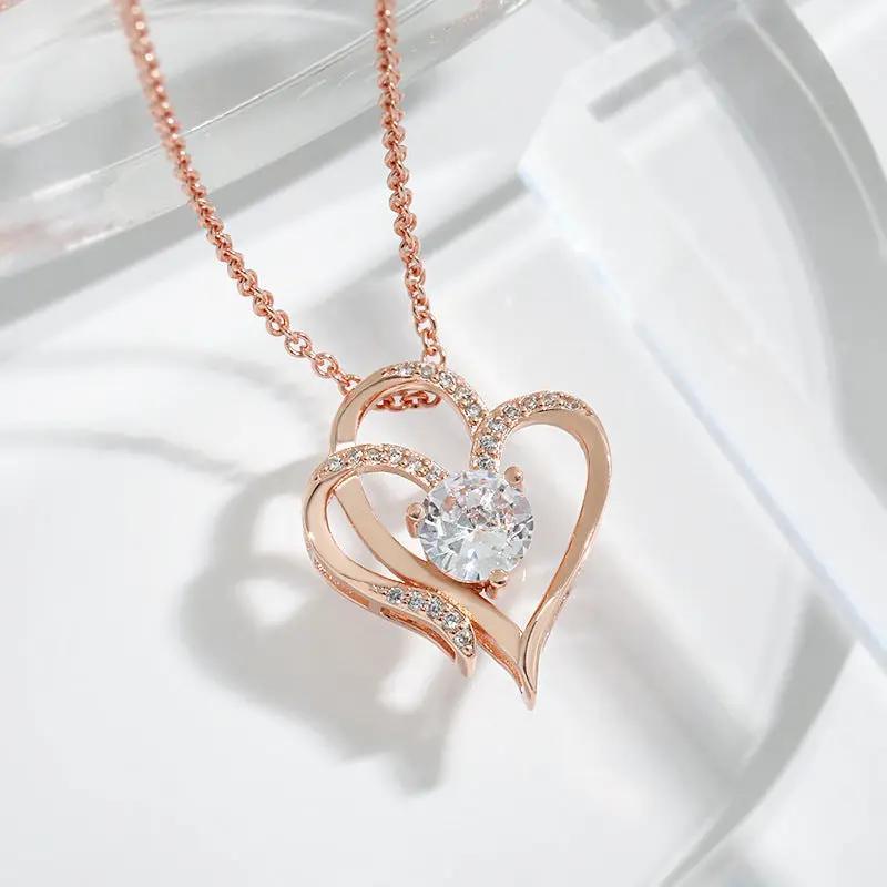 Heart Love Necklace Zircon Double Love: A Rhinestone Heart Clavicle Chain for Women