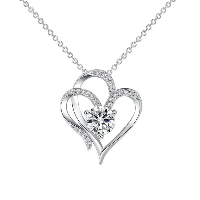 Heart Love Necklace Zircon Double Love: A Rhinestone Heart Clavicle Chain for Women