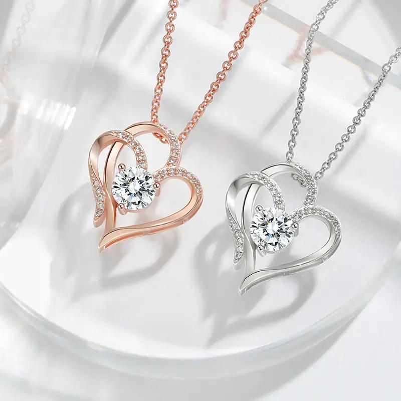 Heart Love Necklace Zircon Double Love: A Rhinestone Heart Clavicle Chain for Women