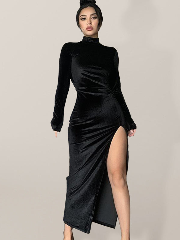 High-neck long velvet dress slim sexy pleated slit dress