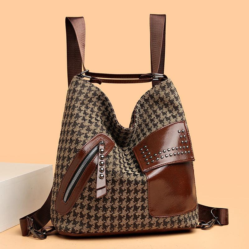 Houndstooth Backpack Women Fashion Rivet Design Leopard Shoulder Bags