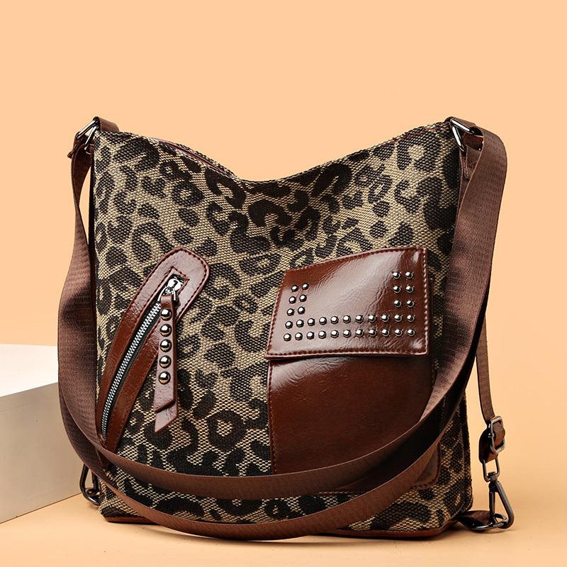 Houndstooth Backpack Women Fashion Rivet Design Leopard Shoulder Bags