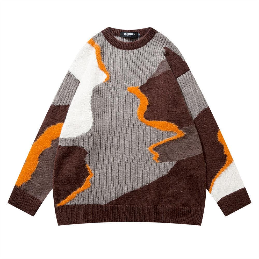 Irregular Stitching Contrast Color Round Neck Knitwear Autumn Idle Style