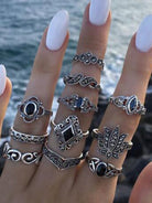 Jewelry 15-piece ring personality hollow lotus sunflower geometric black stone set ring