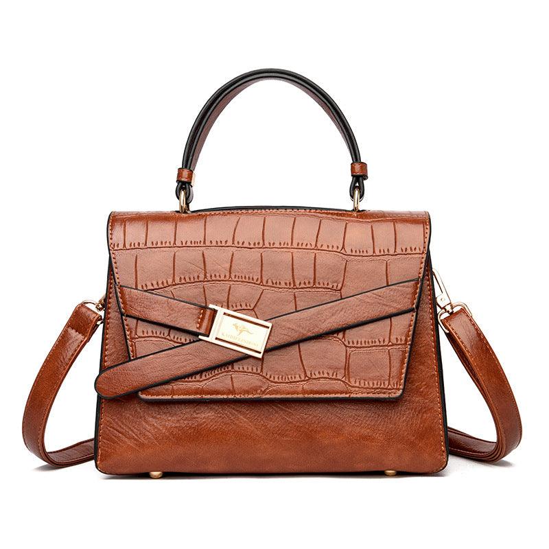 Large Capacity Leather Handbag with Fashionable Stone Pattern - Shoulder & Crossbody Style