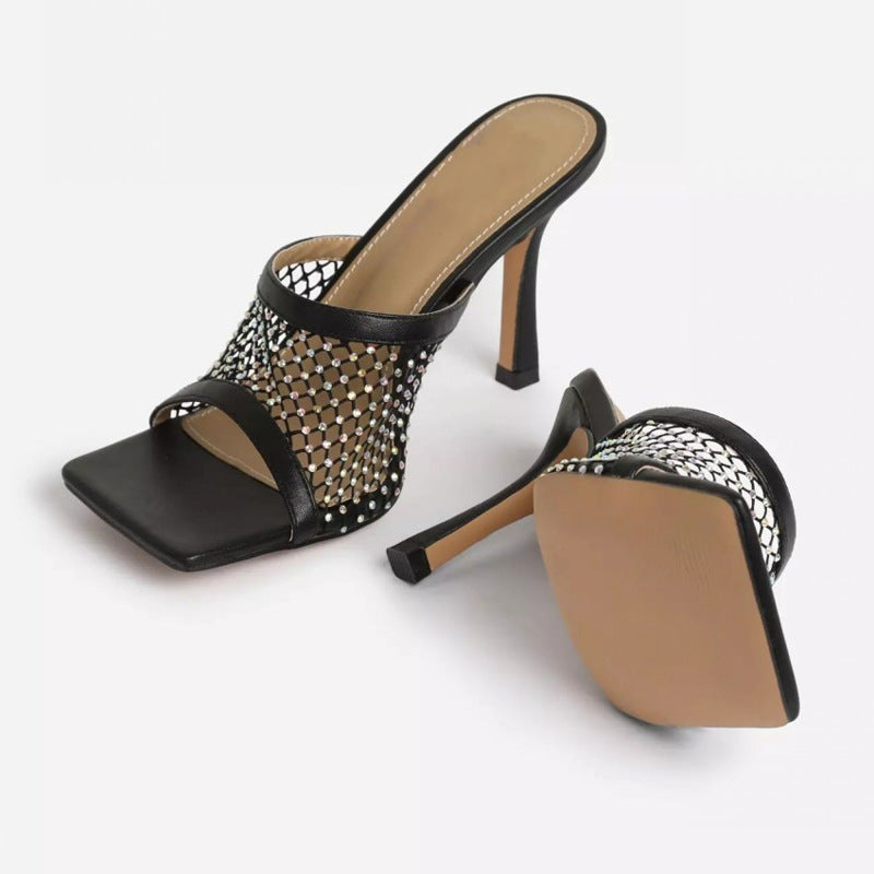 Lazada Square Head Mesh Slippers Women High Heels Sandals