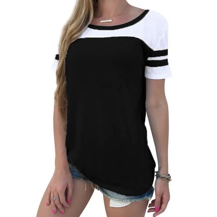 Loose-Fitting Contrast Round Neck Women's Summer Top T-shirt