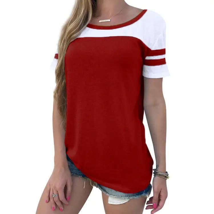 Loose-Fitting Contrast Round Neck Women's Summer Top T-shirt