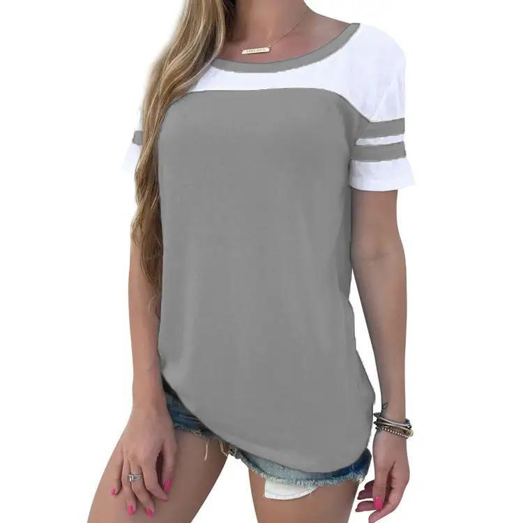 Loose-Fitting Contrast Round Neck Women's Summer Top T-shirt