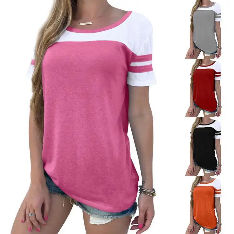 Loose-Fitting Contrast Round Neck Women's Summer Top T-shirt