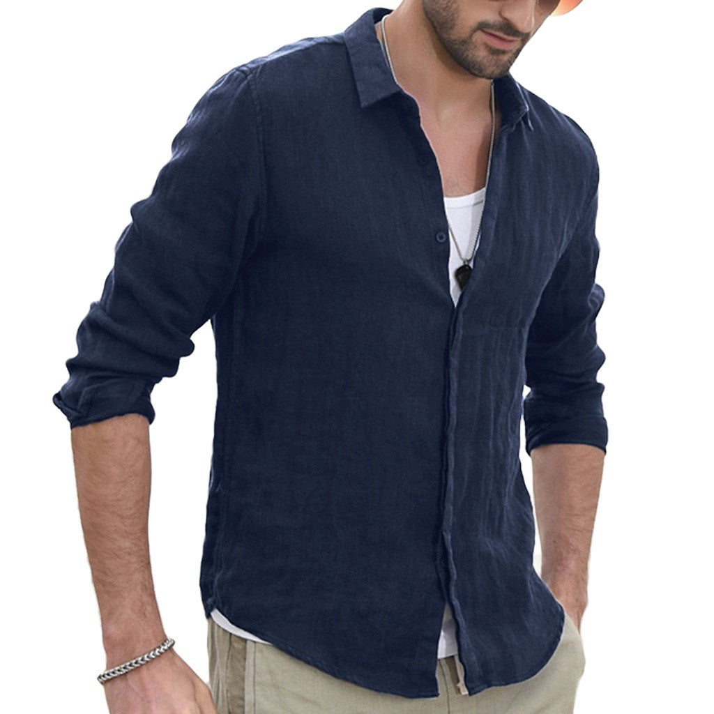 Men Shirt Cotton Blend Pocket Solid Long Sleeve Tops