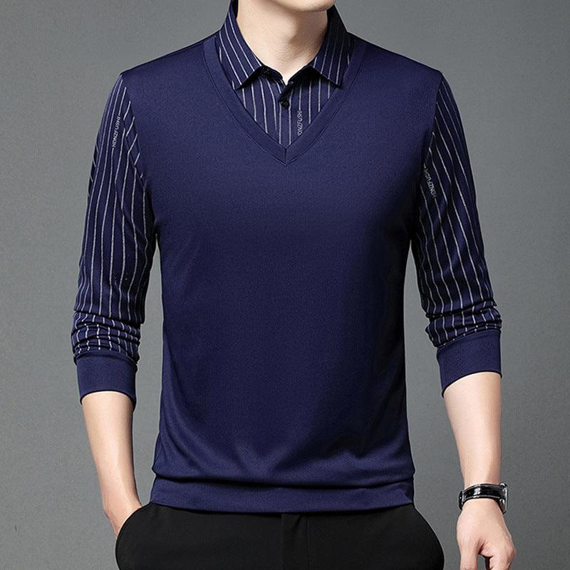 Men's Autumn False Two-piece Shirt Collar T-shirt Long Sleeve Knitwear Top