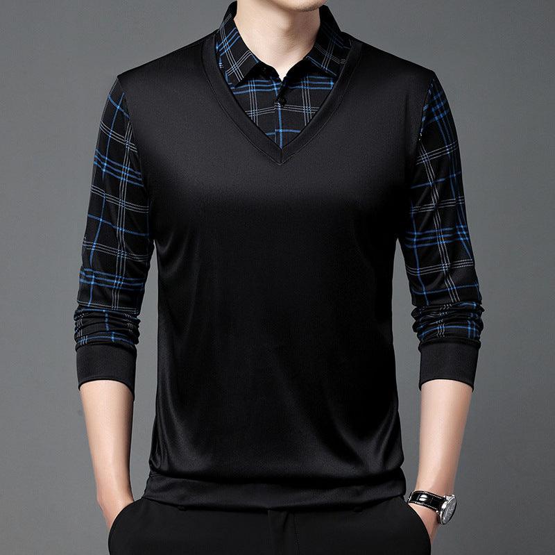 Men's Autumn False Two-piece Shirt Collar T-shirt Long Sleeve Knitwear Top