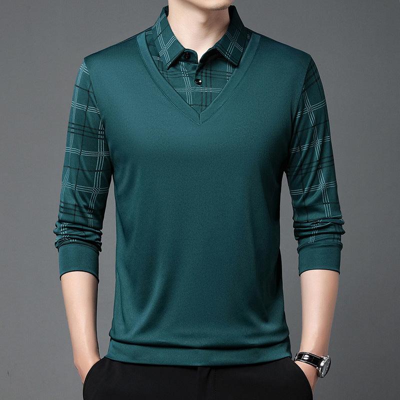 Men's Autumn False Two-piece Shirt Collar T-shirt Long Sleeve Knitwear Top