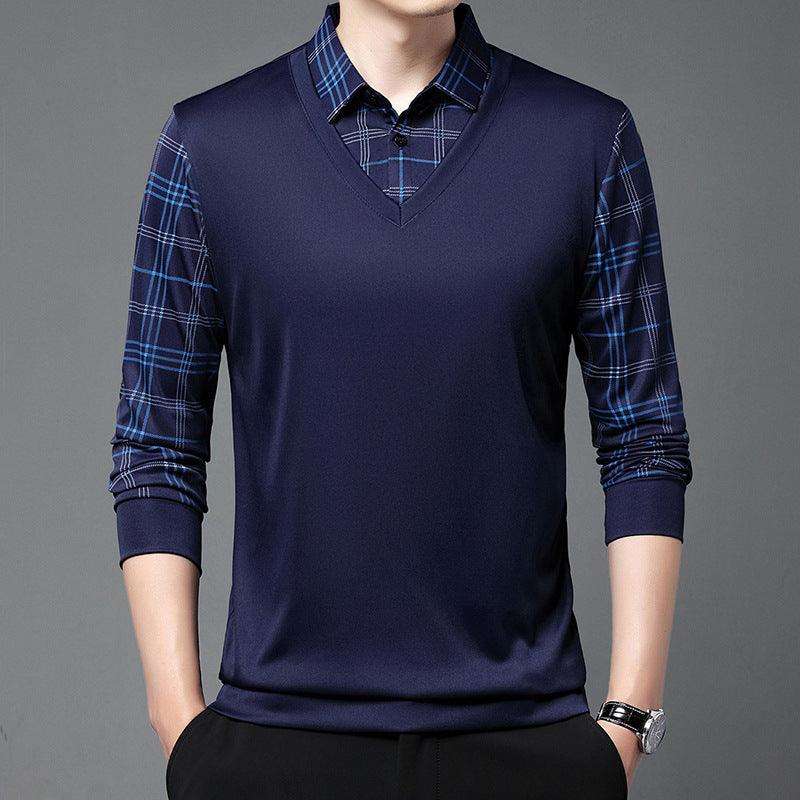 Men's Autumn False Two-piece Shirt Collar T-shirt Long Sleeve Knitwear Top