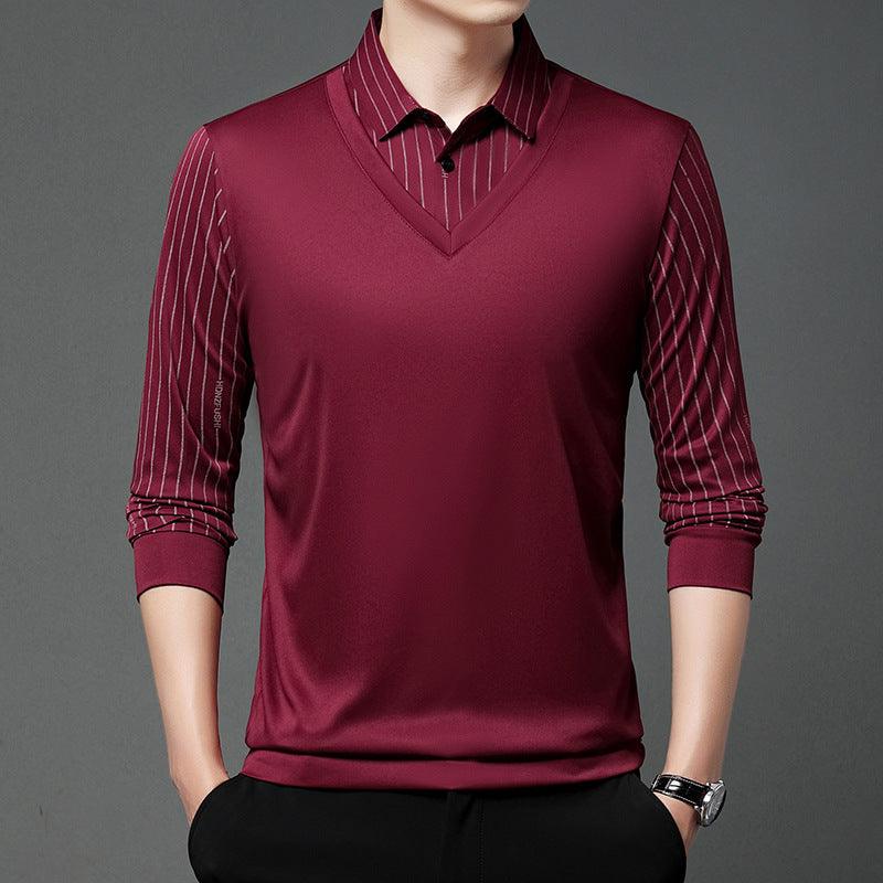 Men's Autumn False Two-piece Shirt Collar T-shirt Long Sleeve Knitwear Top