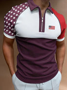 Men's Color Contrasting Flag Print Short Sleeve Zip Lapel Polo Shirt