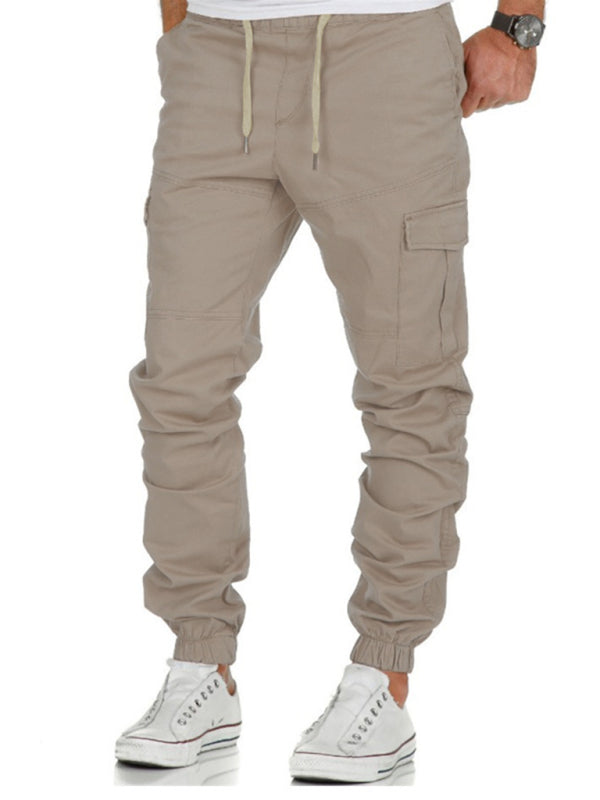 Men's Solid Color Cargo Pocket Drawstring Casual Trousers