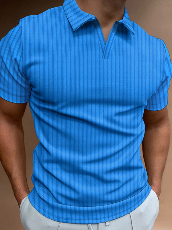 Men's Solid Color Striped Lapel Short Sleeve POLO Shirt