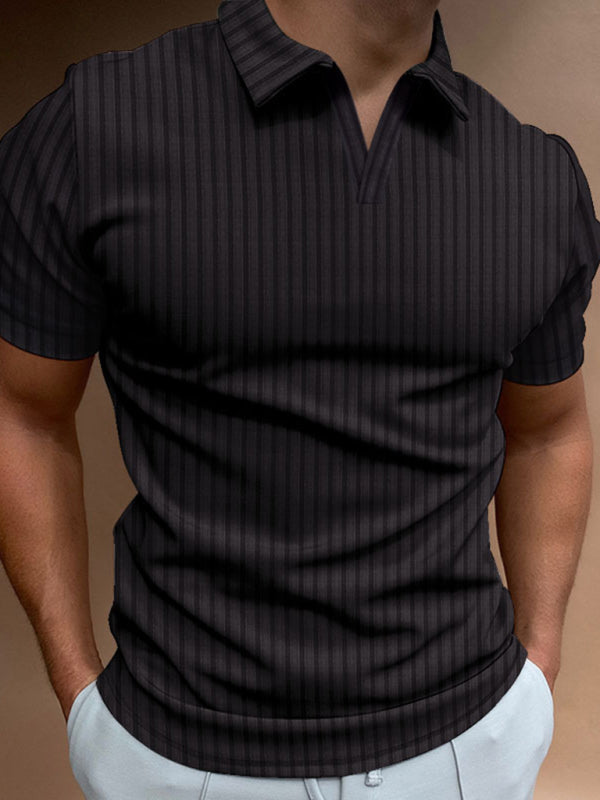 Men's Solid Color Striped Lapel Short Sleeve POLO Shirt