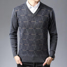 Men's V-neck Jacquard Long Sleeve Pullover Base Thick Sweater