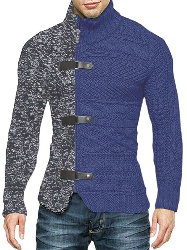 Men's high -necked color skin buckle long -sleeved knit sweater cardigan