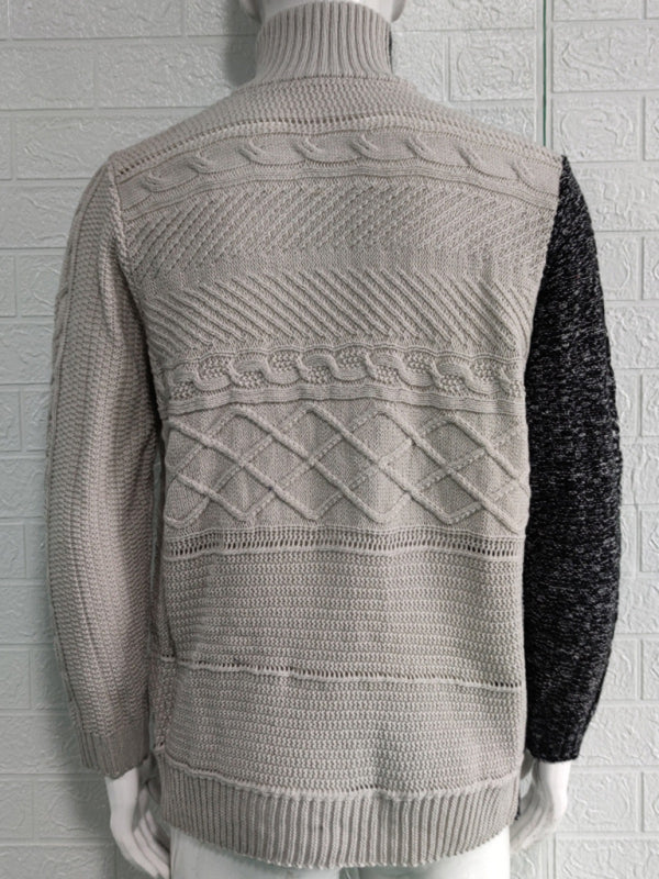 Men's high -necked color skin buckle long -sleeved knit sweater cardigan