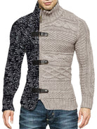 Men's high -necked color skin buckle long -sleeved knit sweater cardigan