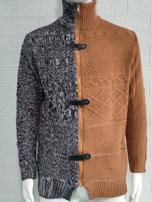 Men's high -necked color skin buckle long -sleeved knit sweater cardigan