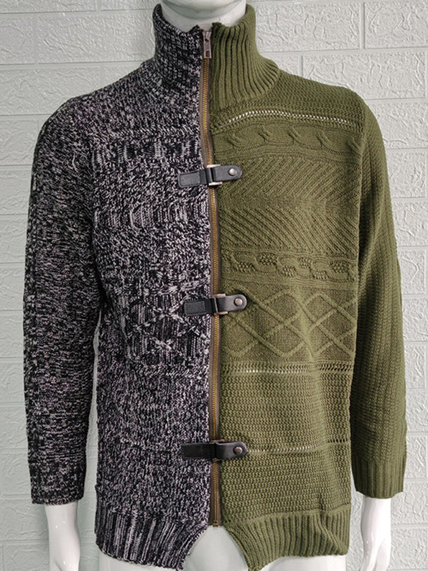 Men's high -necked color skin buckle long -sleeved knit sweater cardigan