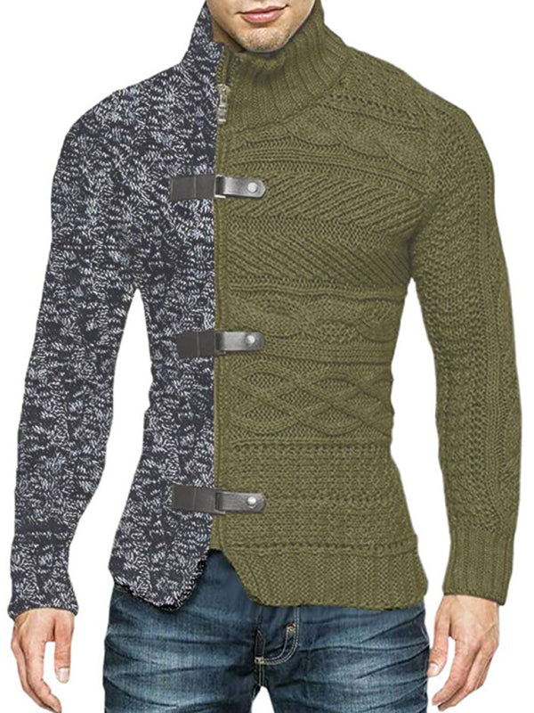 Men's high -necked color skin buckle long -sleeved knit sweater cardigan