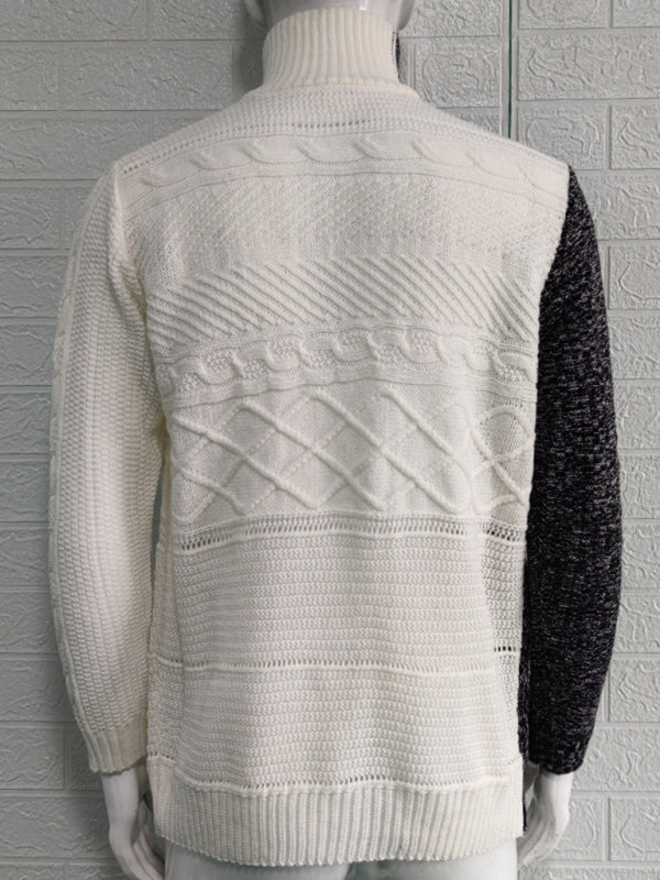 Men's high -necked color skin buckle long -sleeved knit sweater cardigan