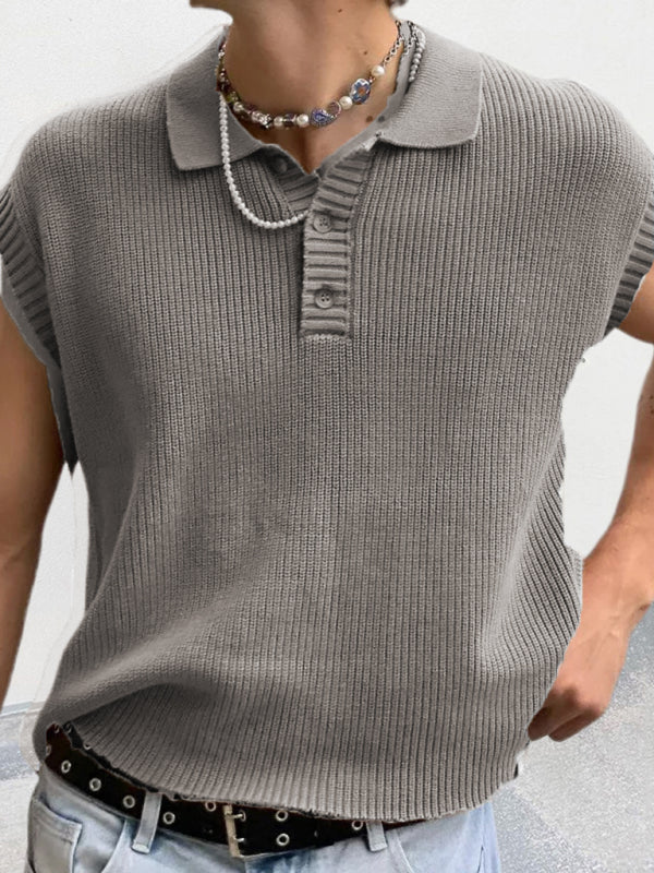 Men's lapel solid color Polo collar knitted top