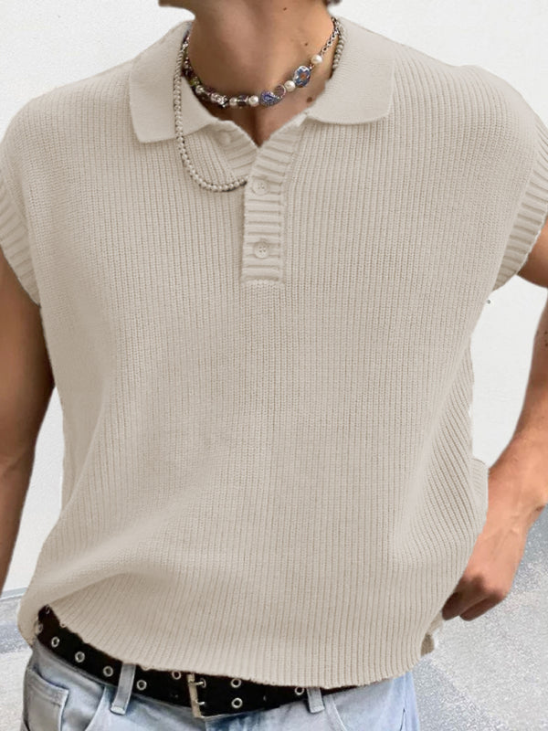 Men's lapel solid color Polo collar knitted top