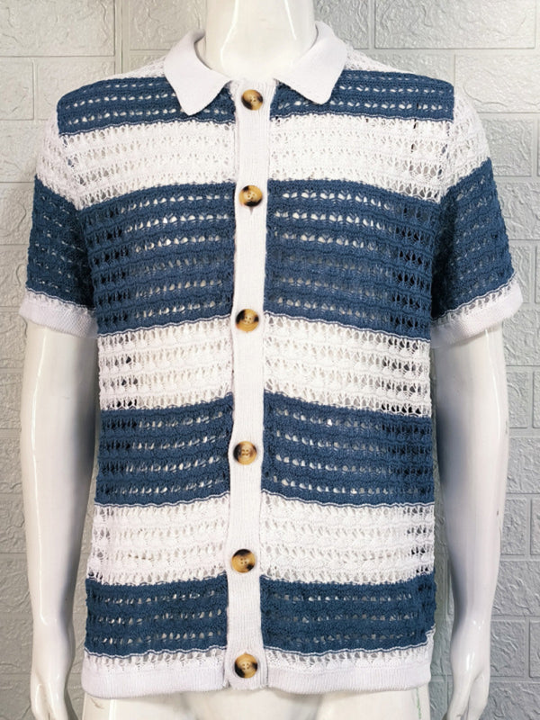 Men's new lapel short-sleeved color-blocked cardigan