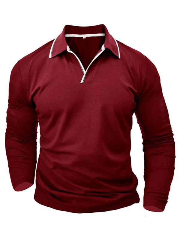 Men's new long-sleeved V-neck lapel contrasting color POLO shirt