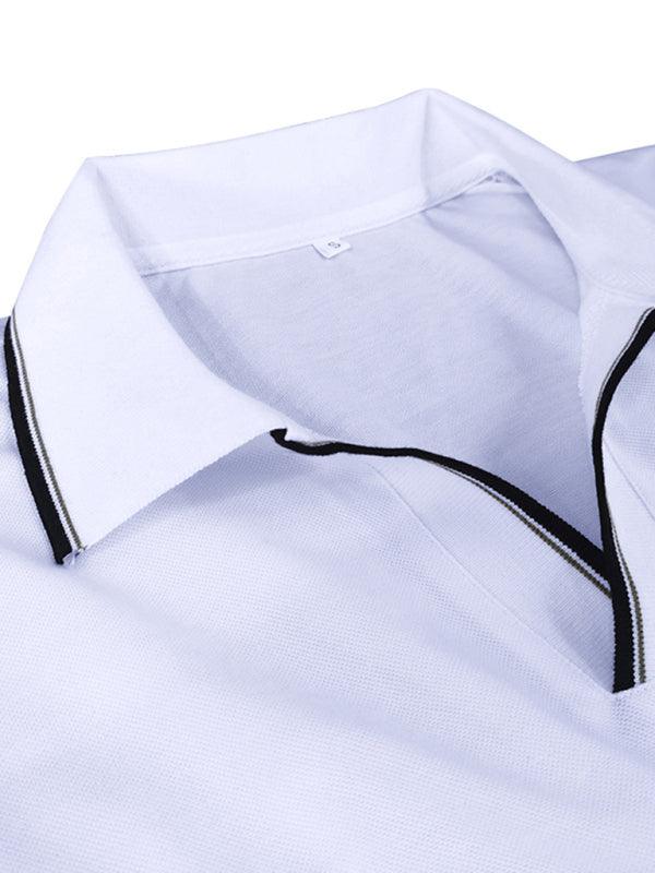 Men's new long-sleeved V-neck lapel contrasting color POLO shirt