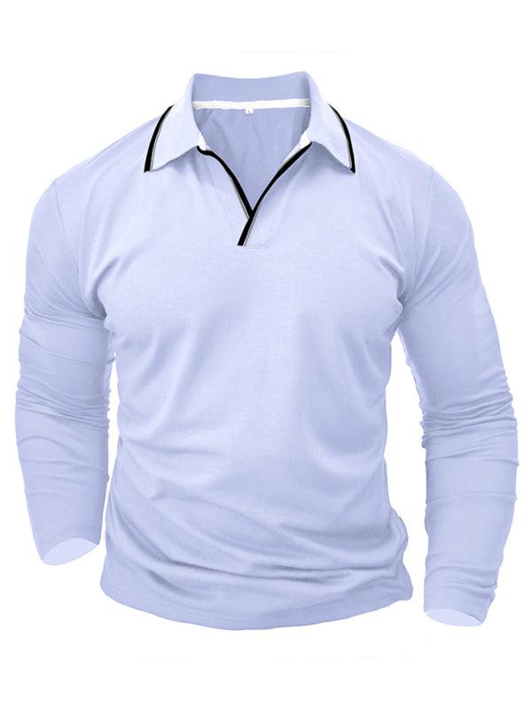 Men's new long-sleeved V-neck lapel contrasting color POLO shirt