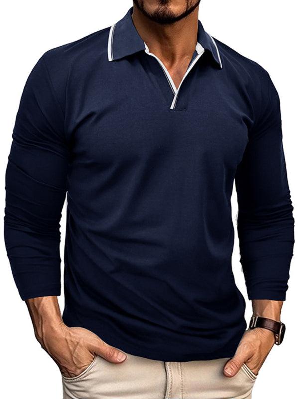 Men's new long-sleeved V-neck lapel contrasting color POLO shirt