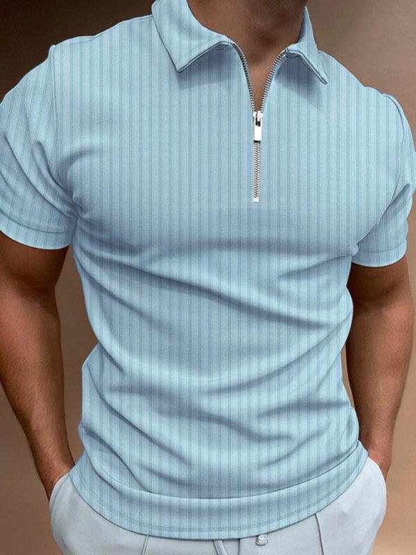 Men's new zipper striped short-sleeved lapel casual polo shirt