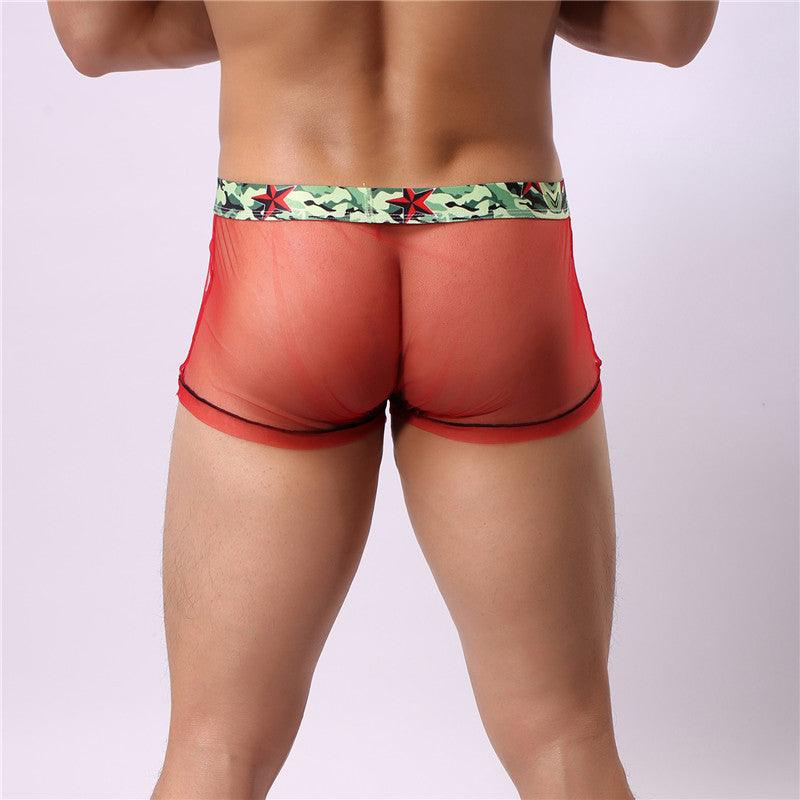 Men's sexy high-elastic boxers crafted from see-through mesh for a daring yet comfortable style.