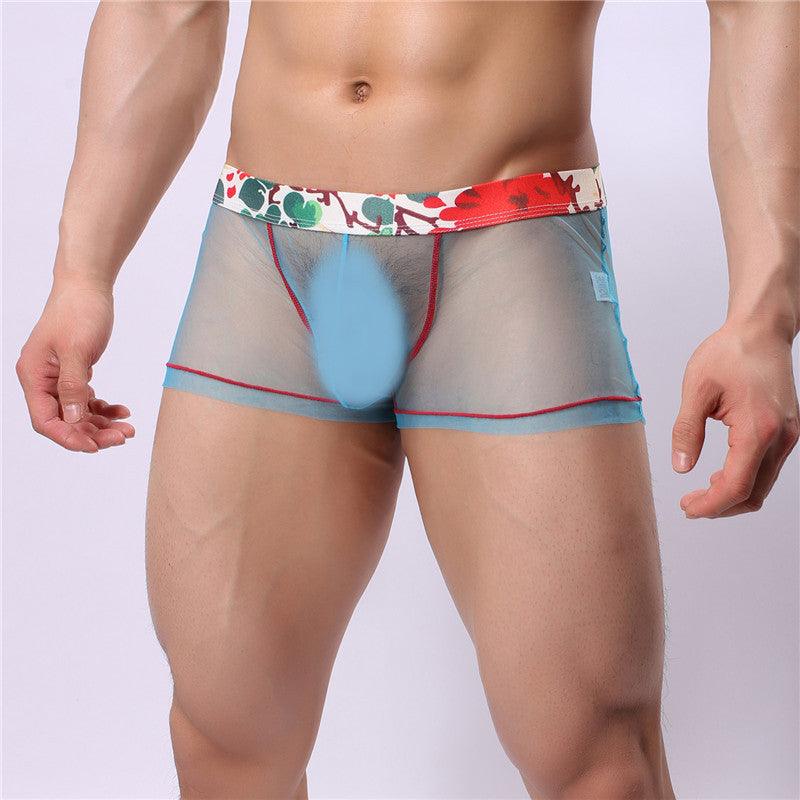 Men's sexy high-elastic boxers crafted from see-through mesh for a daring yet comfortable style.