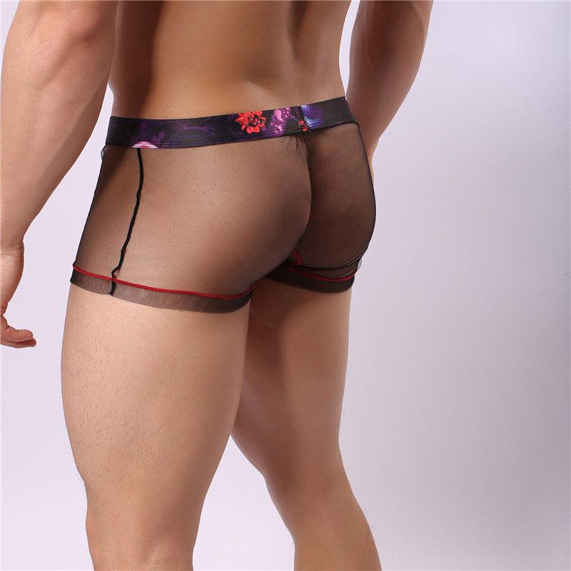 Men's sexy high-elastic boxers crafted from see-through mesh for a daring yet comfortable style.