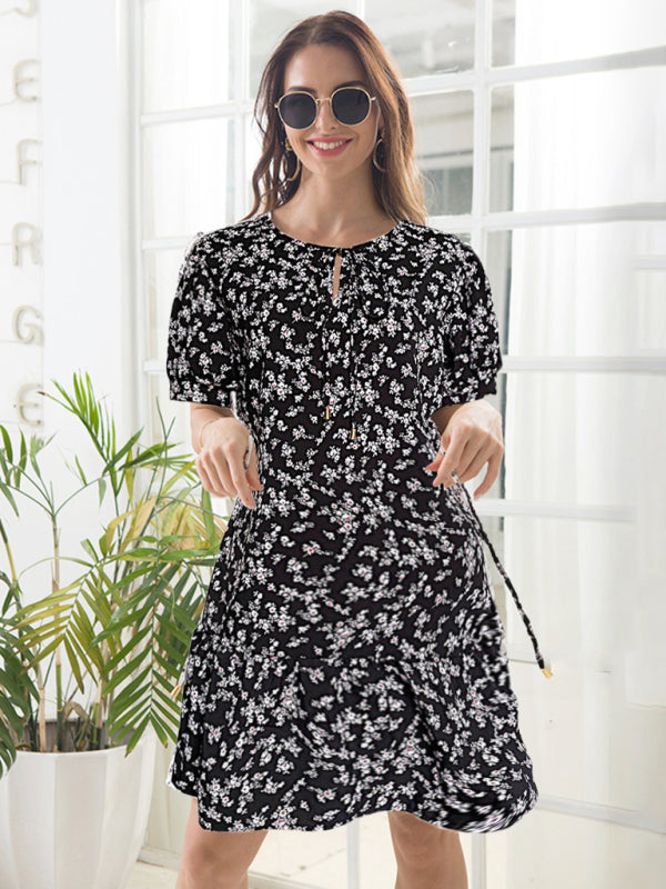 New Fashion Women's Floral Skirt Round Neck Tie-Up High Waist Puff Sleeve Dress